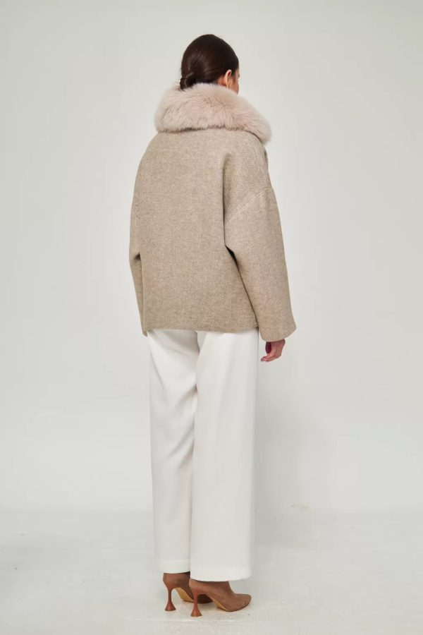 Fur Detailed Herringbone Patterned Stone Color Jacket - Image 3