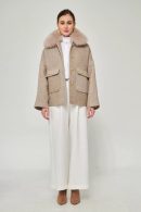 Fur Detailed Herringbone Patterned Stone Color Jacket