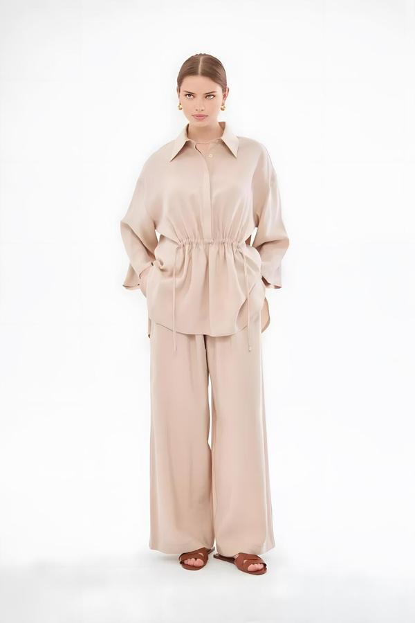 Beige Shirt-Pants Set with Drawstring Detail - Image 3