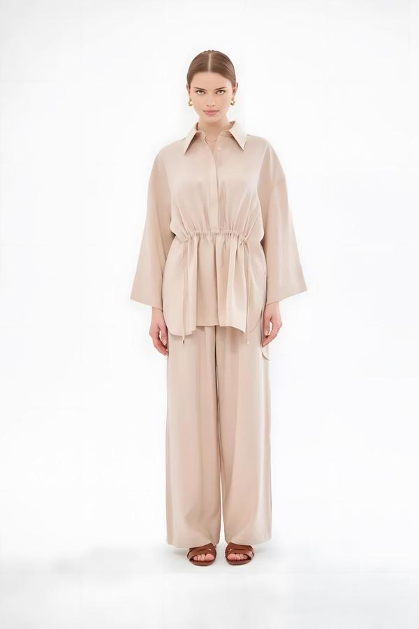 Beige Shirt-Pants Set with Drawstring Detail