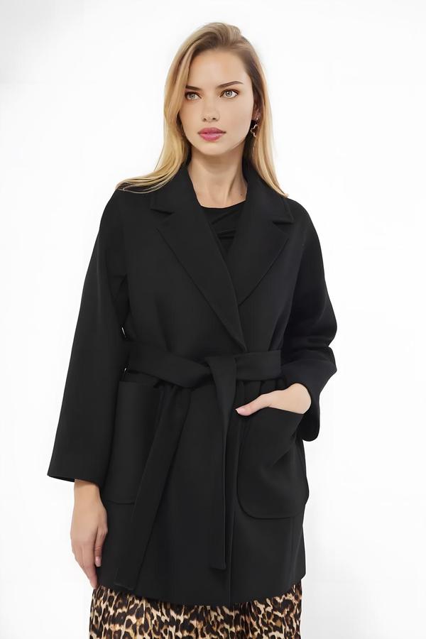 Black Women’s Coat with Belted Waistband - Image 2