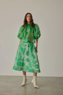 Floral Patterned Green Skirt with Elastic Waist