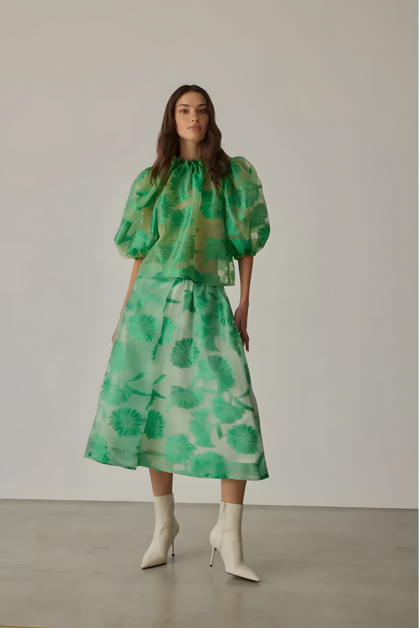 Floral Patterned Green Skirt with Elastic Waist - Image 2