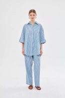 Blue Striped Linen Pants with Elastic Waistband