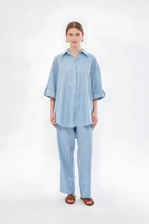 Blue Striped Linen Pants with Elastic Waistband - Image 4