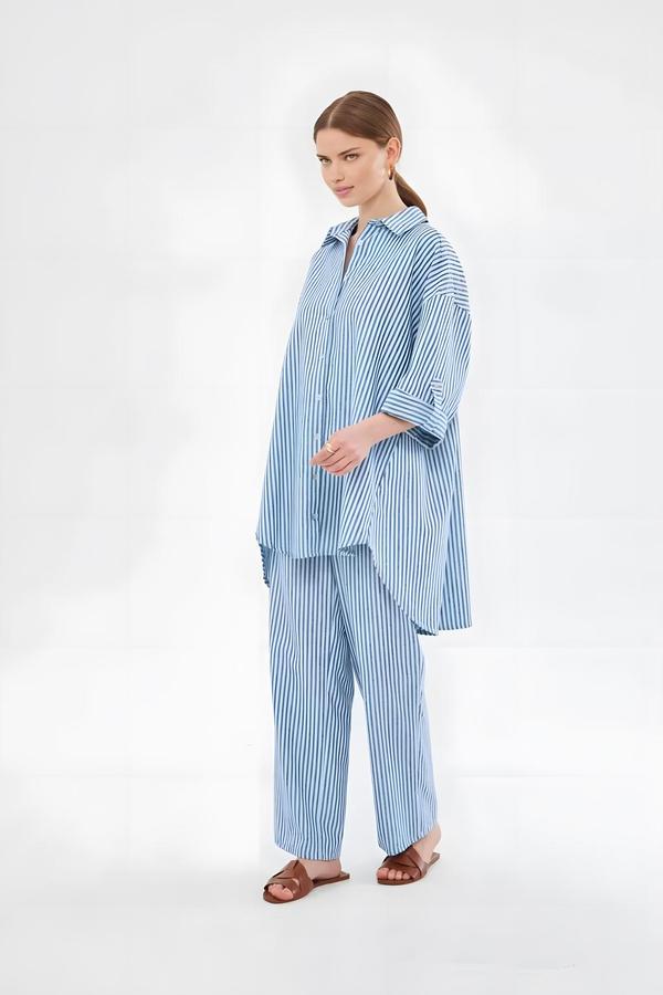 Blue Striped Linen Pants with Elastic Waistband - Image 2