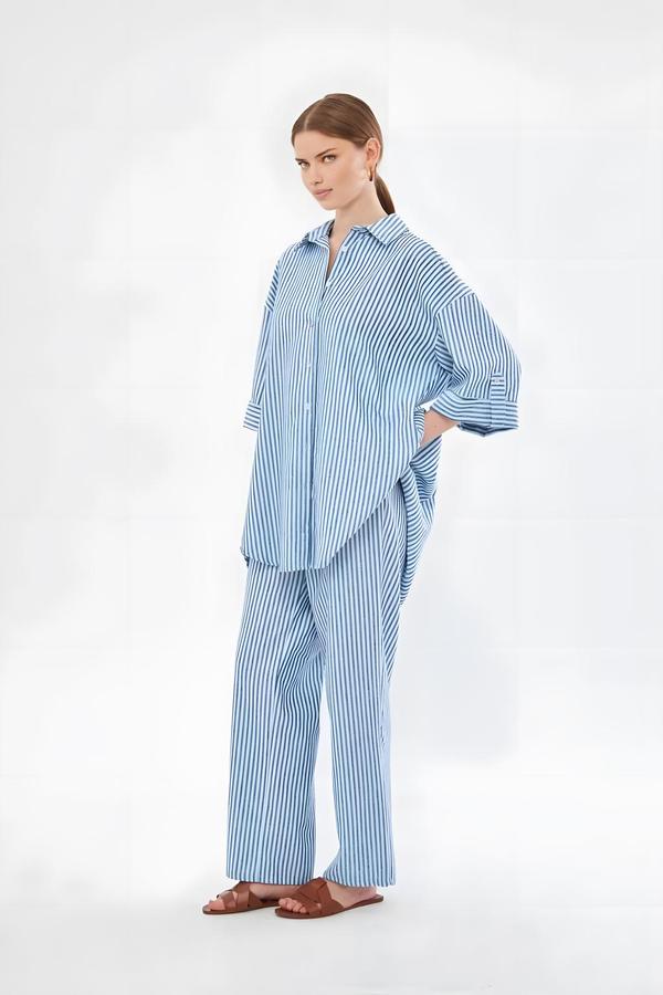 Blue Striped Linen Pants with Elastic Waistband - Image 3