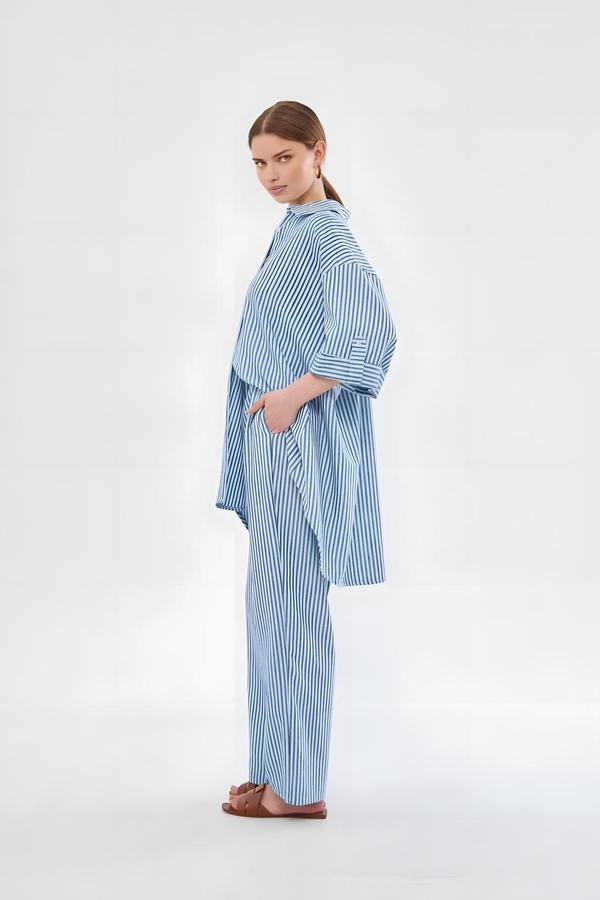 Blue Striped Linen Pants with Elastic Waistband