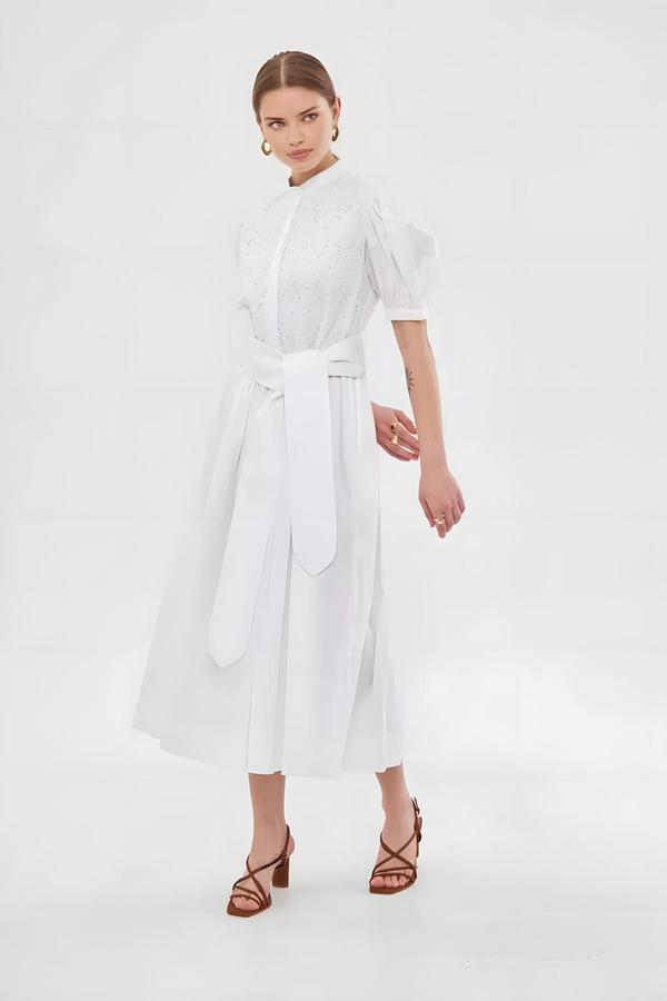 Belted White Dress with Brodge