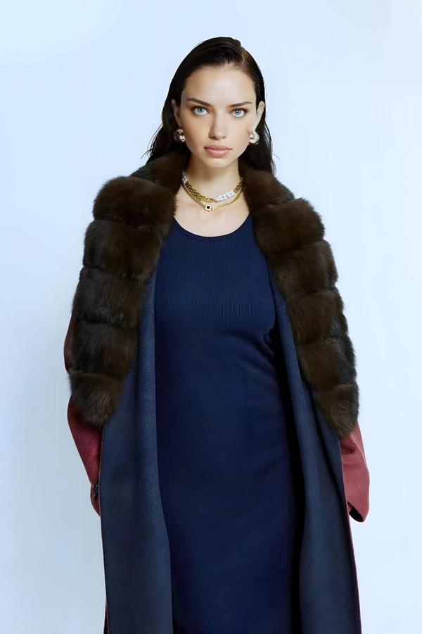Fuchsia/blue Cashmere Coat with Double Sided Fur Detail