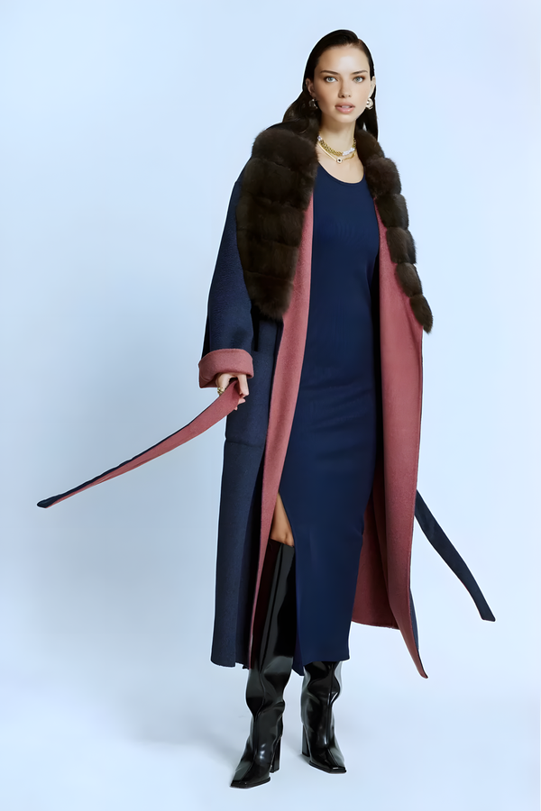 Blue/fuchsia Cashmere Coat with Double Sided Fur Detail - Image 3