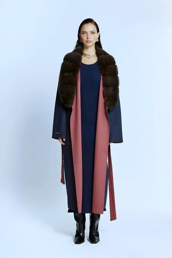 Blue/fuchsia Cashmere Coat with Double Sided Fur Detail - Image 2