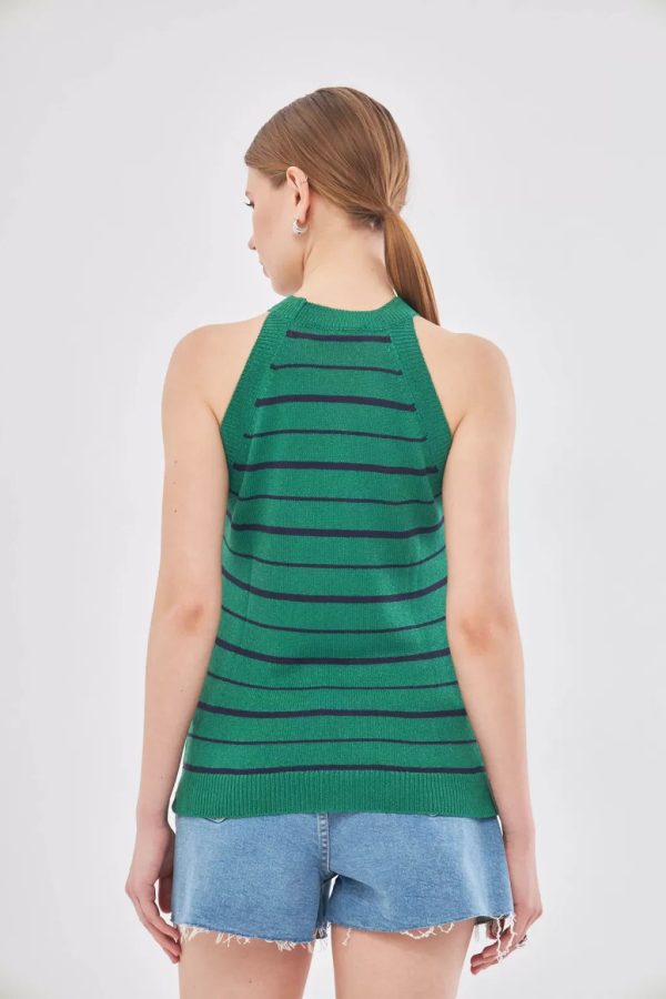 Halter Neck Green Striped Sweater Blouse - Image 4