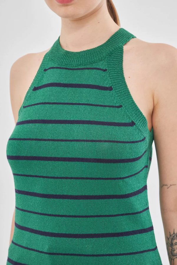 Halter Neck Green Striped Sweater Blouse - Image 5