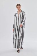 Navy Blue Silvery Striped Tunic Trouser Set with Drawstring Collar