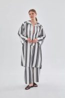 Navy Blue Silvery Striped Tunic Trouser Set with Drawstring Collar