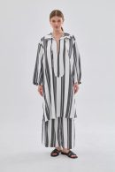 Navy Blue Silvery Striped Tunic Trouser Set with Drawstring Collar