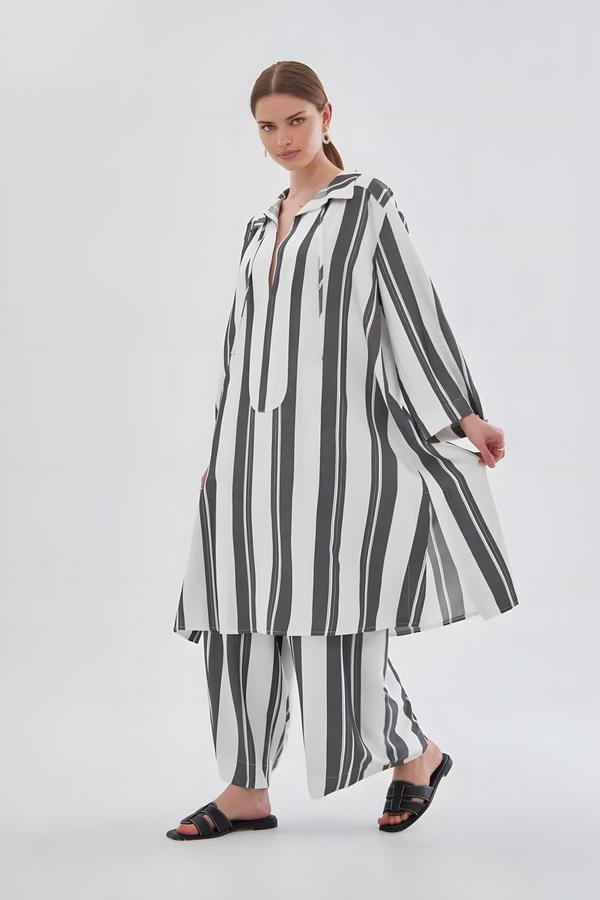 Navy Blue Silvery Striped Tunic Trouser Set with Drawstring Collar - Image 4