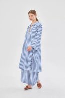 Navy Blue Striped Tunic Trouser Set with Drawstring Collar