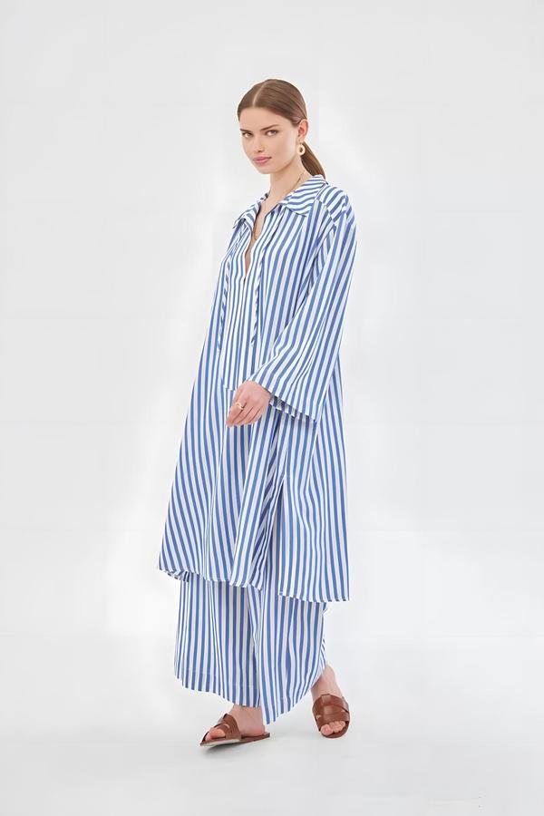 Navy Blue Striped Tunic Trouser Set with Drawstring Collar - Image 2