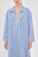 Navy Blue Striped Tunic Trouser Set with Drawstring Collar