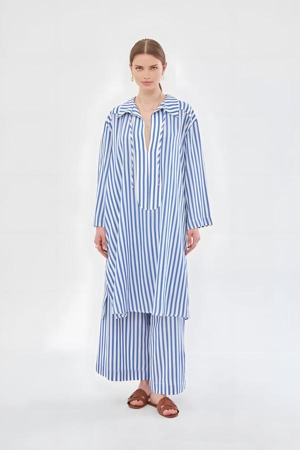 Navy Blue Striped Tunic Trouser Set with Drawstring Collar