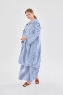 Navy Blue Striped Tunic Trouser Set with Drawstring Collar