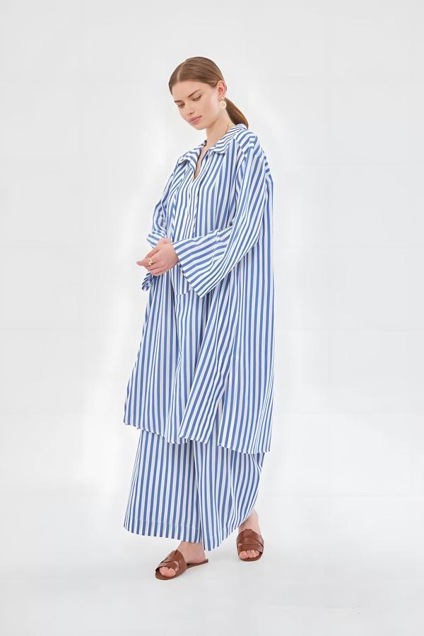 Navy Blue Striped Tunic Trouser Set with Drawstring Collar - Image 4