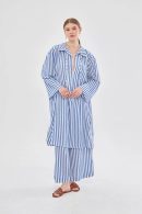 Navy Blue Striped Tunic Trouser Set with Drawstring Collar