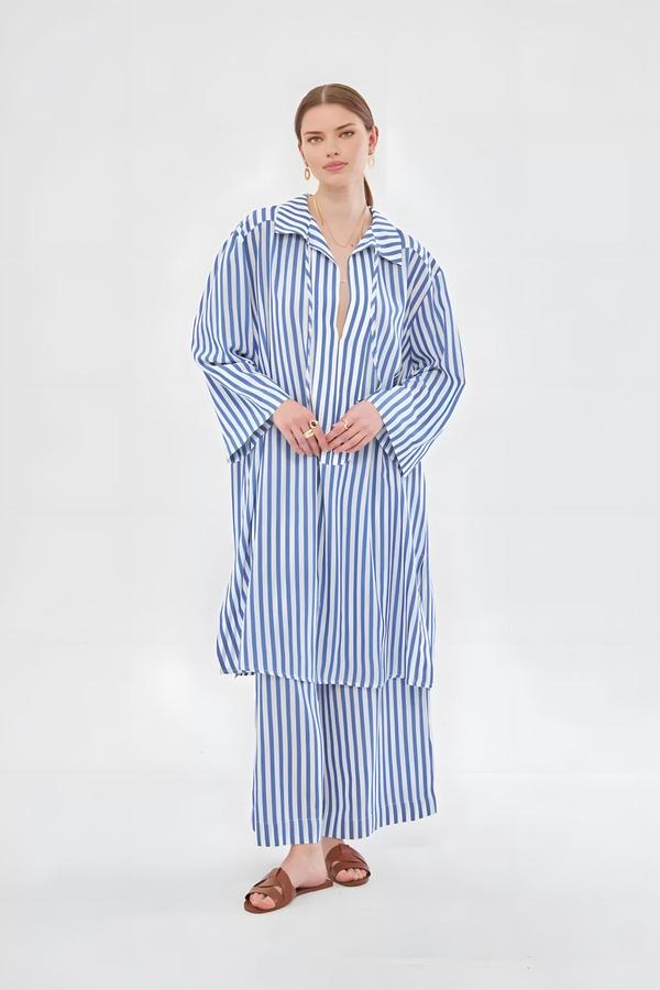 Navy Blue Striped Tunic Trouser Set with Drawstring Collar - Image 3