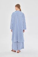 Navy Blue Striped Tunic Trouser Set with Drawstring Collar