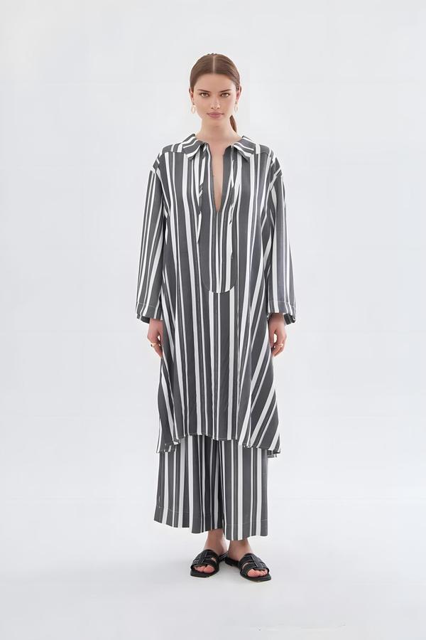 Black-silver Striped Tunic Trouser Set with Drawstring Collar