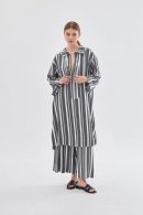 Black-silver Striped Tunic Trouser Set with Drawstring Collar