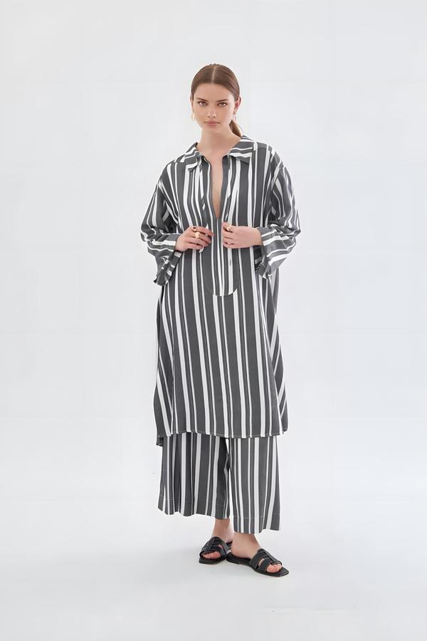 Black-silver Striped Tunic Trouser Set with Drawstring Collar - Image 2