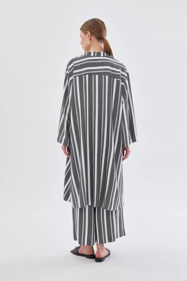 Black-silver Striped Tunic Trouser Set with Drawstring Collar - Image 4