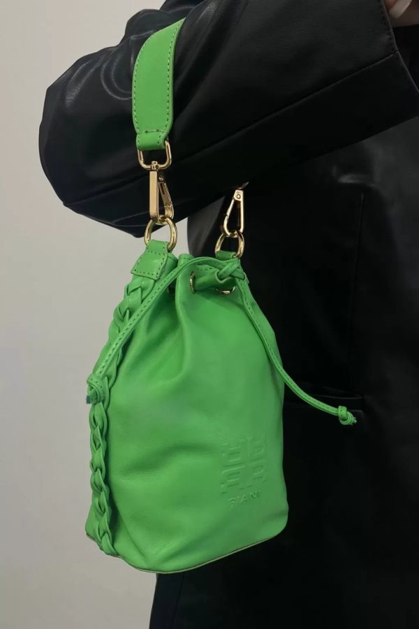 Drawstring Green Leather Bag with Hair Braid Detail - Image 3