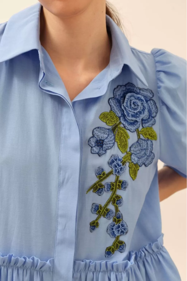 Balloon Sleeve Embroidery Detailed Blue Dress - Image 3