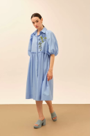 Balloon Sleeve Embroidery Detailed Blue Dress