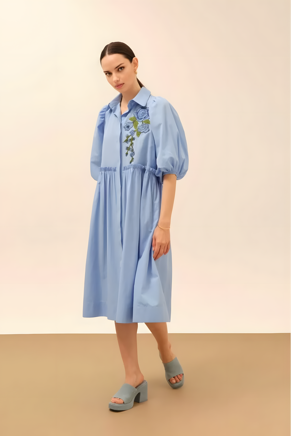 Balloon Sleeve Embroidery Detailed Blue Dress - Image 2