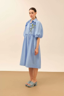 Balloon Sleeve Embroidery Detailed Blue Dress