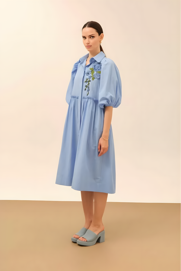 Balloon Sleeve Embroidery Detailed Blue Dress