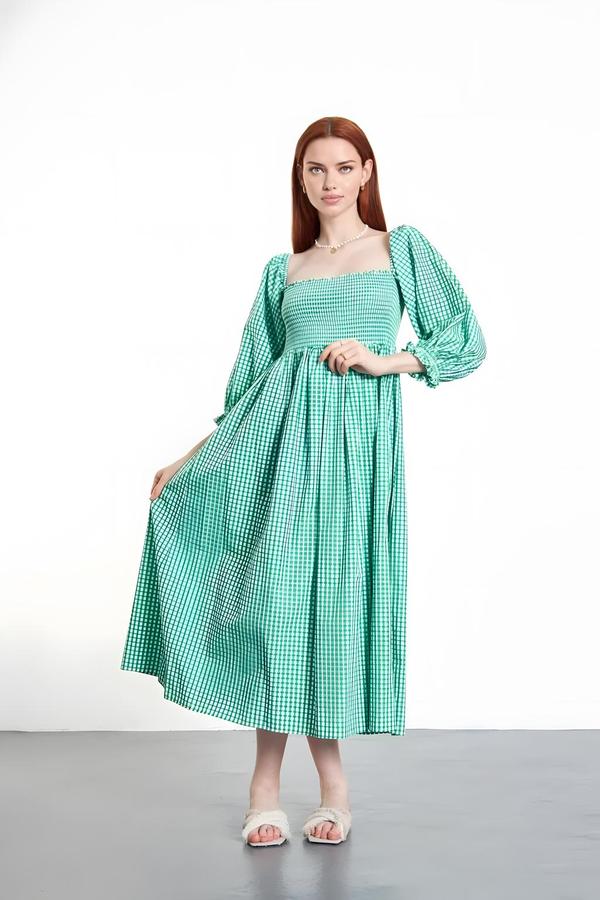 Green Gingham Dress with Rubber Detail