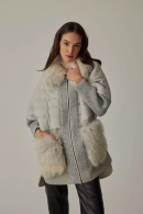 Hooded Pockets and Hood Surrounding Furry Parachute and Tricot Garnished Zippered Coat Gray