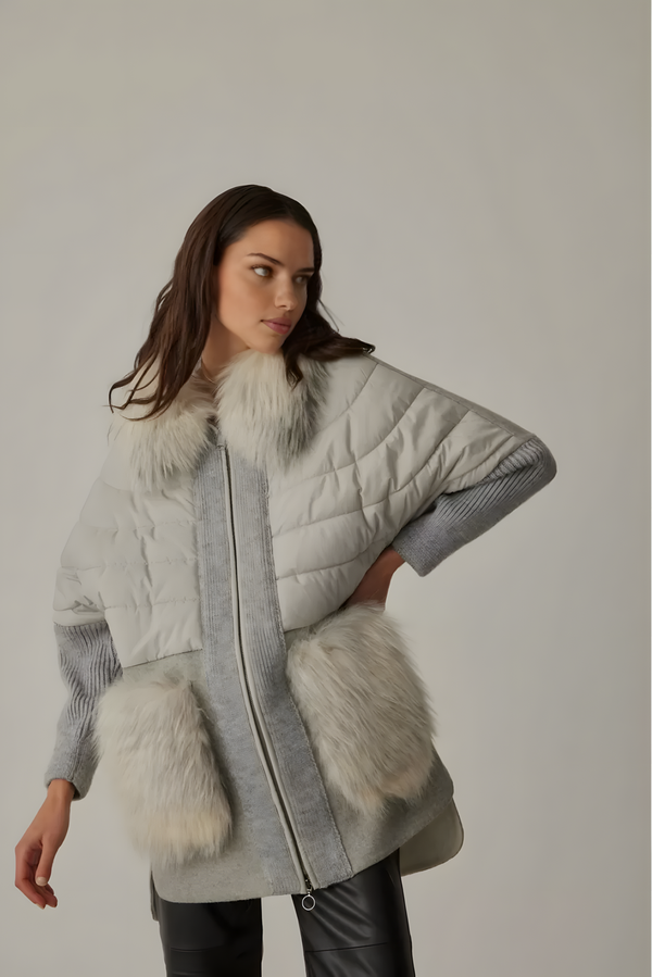 Hooded Pockets and Hood Surrounding Furry Parachute and Tricot Garnished Zippered Coat Gray - Image 3