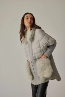 Hooded Pockets and Hood Surrounding Furry Parachute and Tricot Garnished Zippered Coat Gray