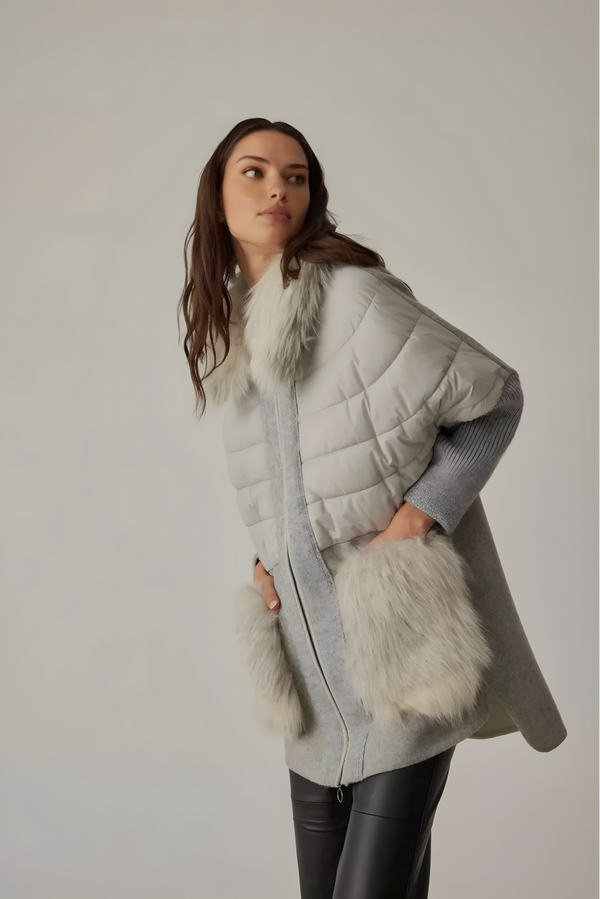 Hooded Pockets and Hood Surrounding Furry Parachute and Tricot Garnished Zippered Coat Gray - Image 2