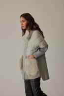 Hooded Pockets and Hood Surrounding Furry Parachute and Tricot Garnished Zippered Coat Gray