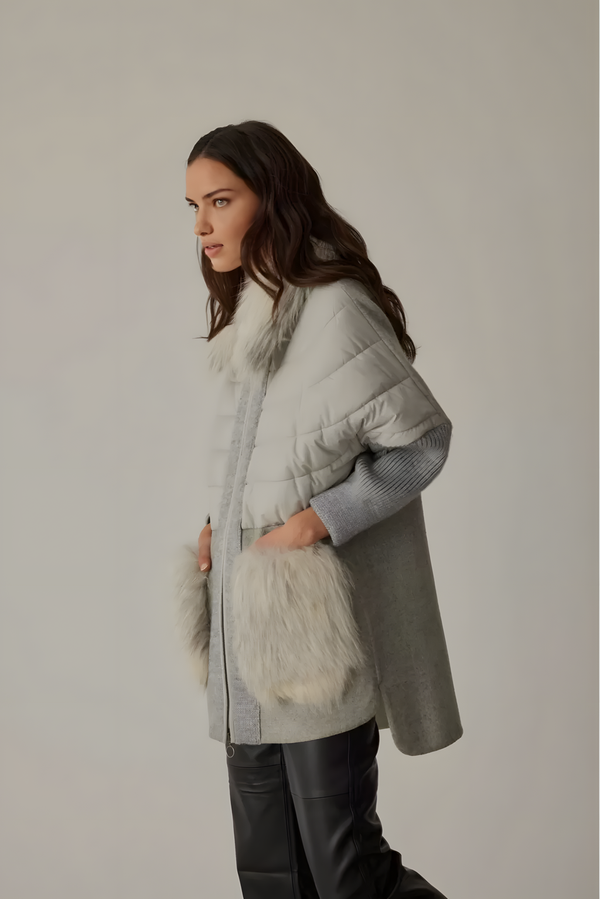 Hooded Pockets and Hood Surrounding Furry Parachute and Tricot Garnished Zippered Coat Gray - Image 4