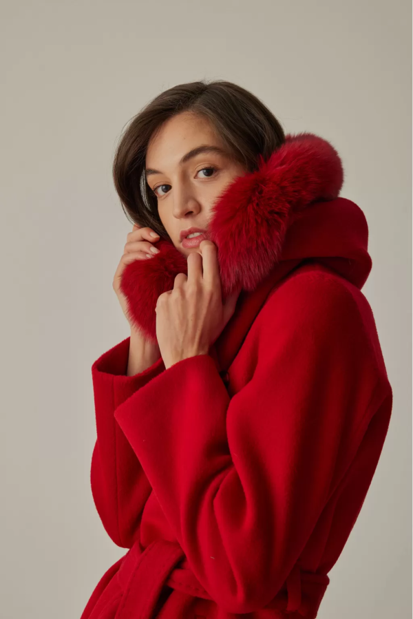 Fur Detailed Pintucks Stitched Red Women’s Coat