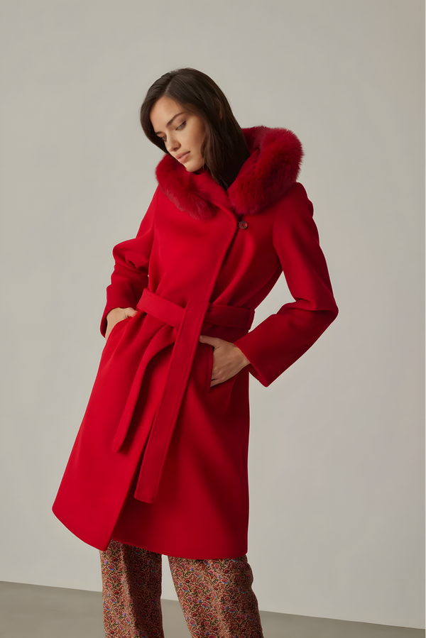 Fur Detailed Pintucks Stitched Red Women’s Coat - Image 2